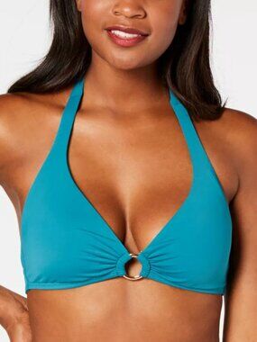 Teal Ring Halter Bikini Top Minimal Gold Hardware Size L NWT